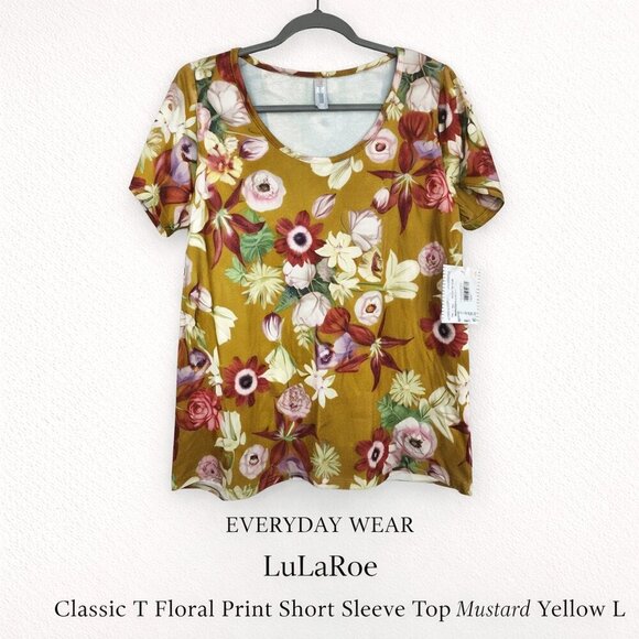 LuLaRoe Tops - NWT LuLaRoe Classic T Floral Print Short Sleeve Top Mustard Yellow L